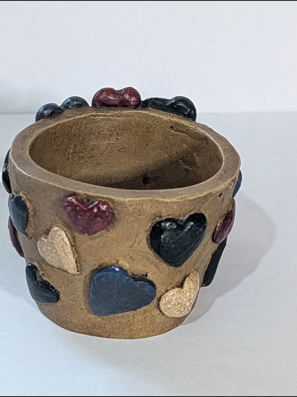 Signed Folk Art Planter 1998 Primitive Double Figure Hearts Votive Holder